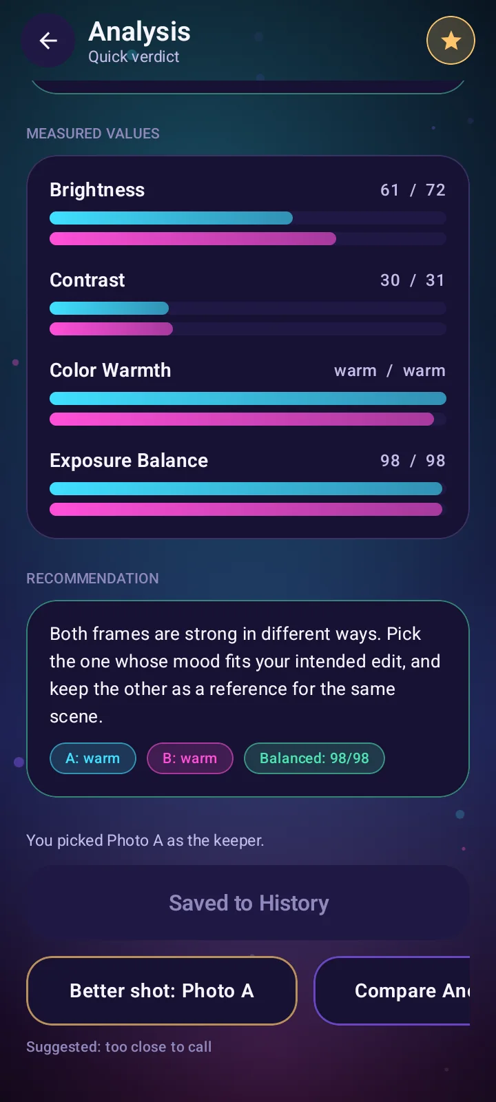 SnapContrast analysis screen showing measured values