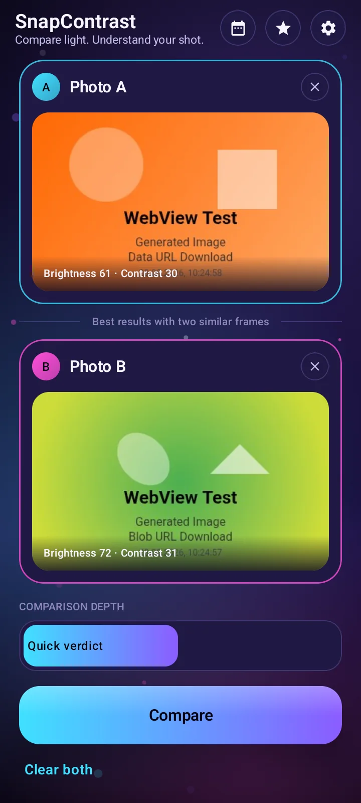SnapContrast side-by-side photo comparison screen